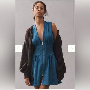 Anthropologie The Tommie Cap-Sleeve Denim Smocked Front-Zip Mini Shirt Dress